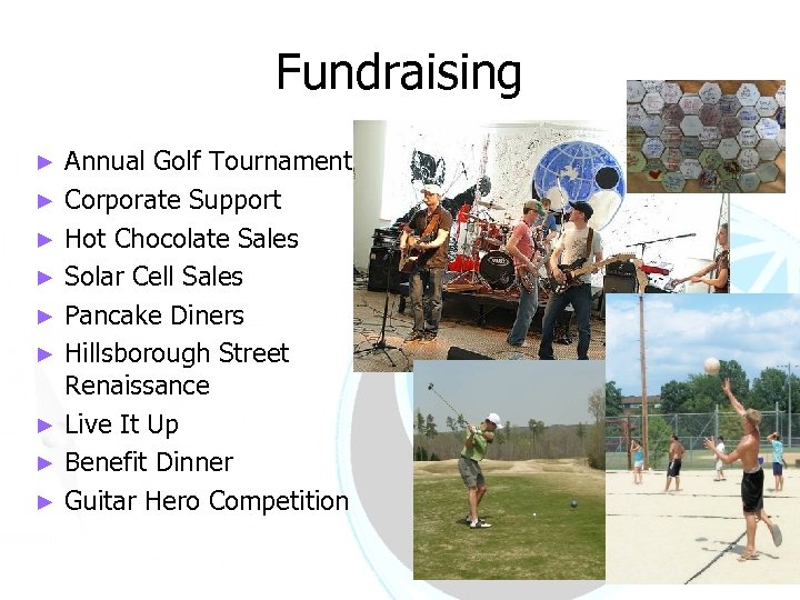 Fundraising ► ► ► ► ► Annual Golf Tournament Corporate Support Hot Chocolate Sales