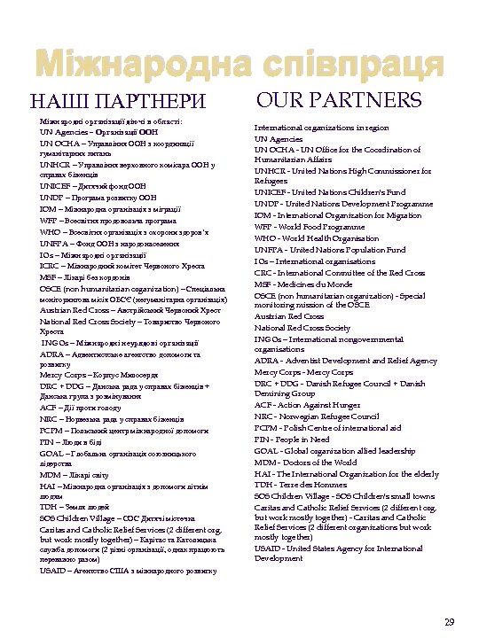 Міжнародна співпраця НАШІ ПАРТНЕРИ Міжнародні організації діючі в області: UN Agencies – Організації ООН