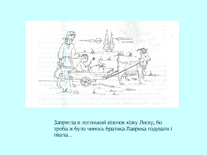 Запрягла в легенький візочок кізку Лиску, бо треба ж було чимось братика Лаврика годувати
