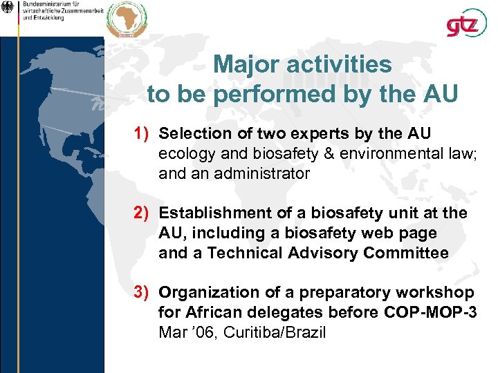 Major activities to be performed by the AU 1) Selection of two experts by