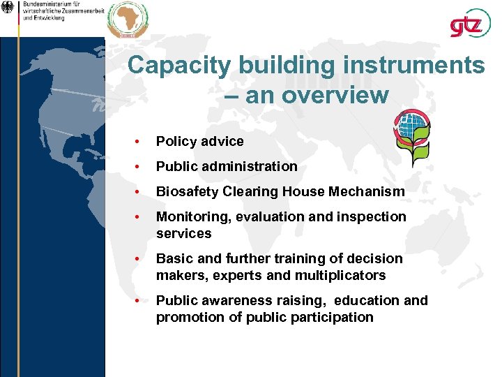 Capacity building instruments – an overview • Policy advice • Public administration • Biosafety