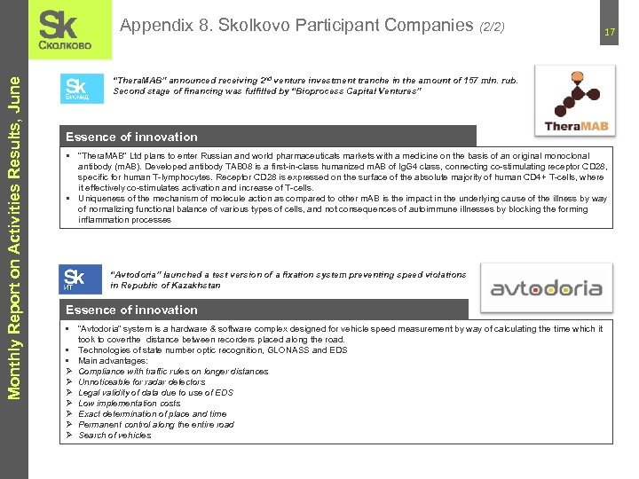 Monthly Report on Activities Results, June Appendix 8. Skolkovo Participant Companies (2/2) 17 “Thera.