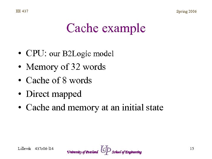 EE 437 Spring 2006 Cache example • • • CPU: our B 2 Logic