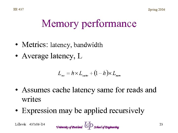 EE 437 Spring 2006 Memory performance • Metrics: latency, bandwidth • Average latency, L