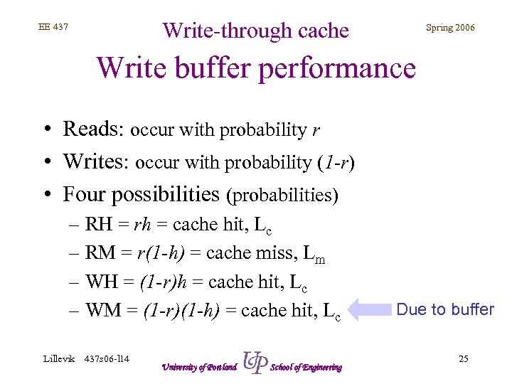 Write-through cache EE 437 Spring 2006 Write buffer performance • Reads: occur with probability