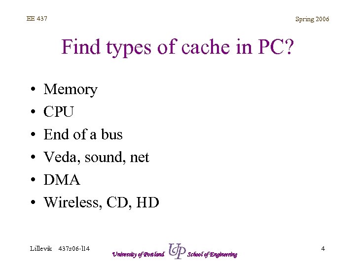 EE 437 Spring 2006 Find types of cache in PC? • • • Memory