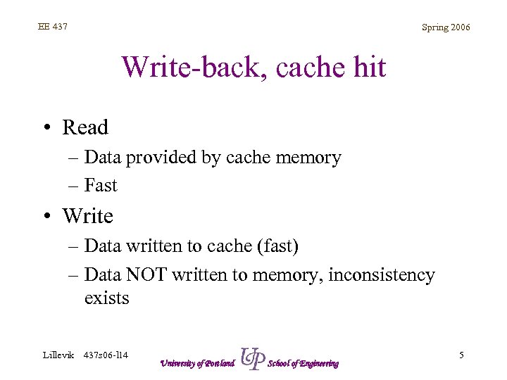 EE 437 Spring 2006 Write-back, cache hit • Read – Data provided by cache