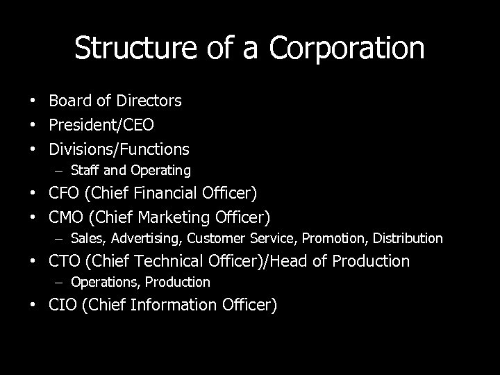 Structure of a Corporation • Board of Directors • President/CEO • Divisions/Functions – Staff