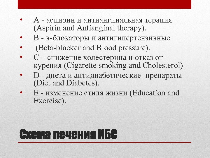  • • • А - аспирин и антиангинальная терапия (Aspirin and Antianginal therapy).