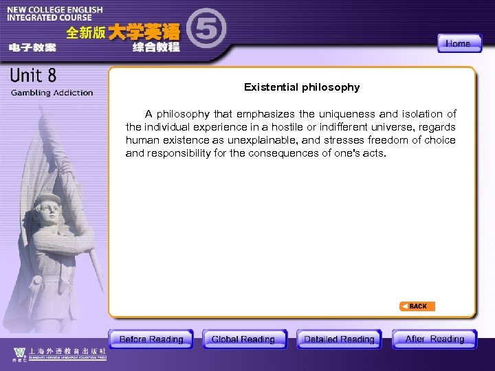 Existential philosophy A philosophy that emphasizes the uniqueness and isolation of the individual experience