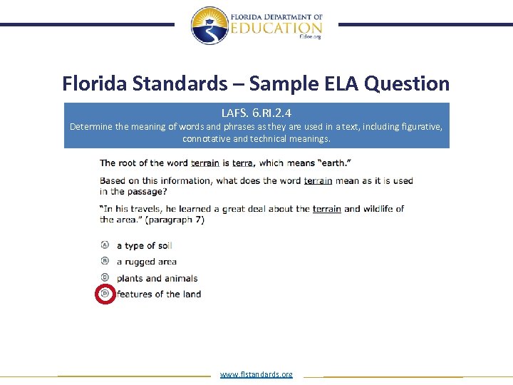 Florida Standards – Sample ELA Question LAFS. 6. RI. 2. 4 Determine the meaning