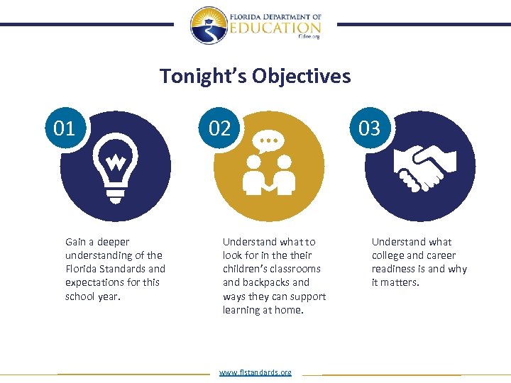 Tonight’s Objectives 01 Gain a deeper understanding of the Florida Standards and expectations for