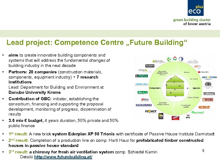 Lead project: Competence Centre „Future Building“ § aims to create innovative building components and