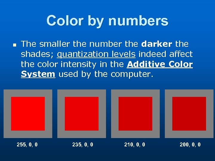 Color by numbers n The smaller the number the darker the shades; quantization levels