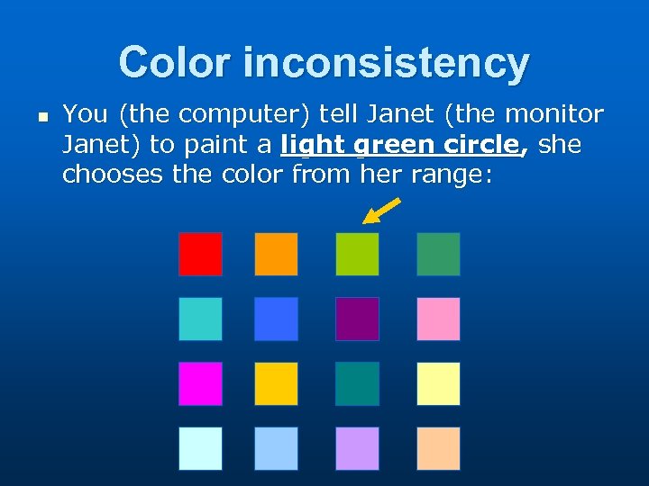 Color inconsistency n You (the computer) tell Janet (the monitor Janet) to paint a