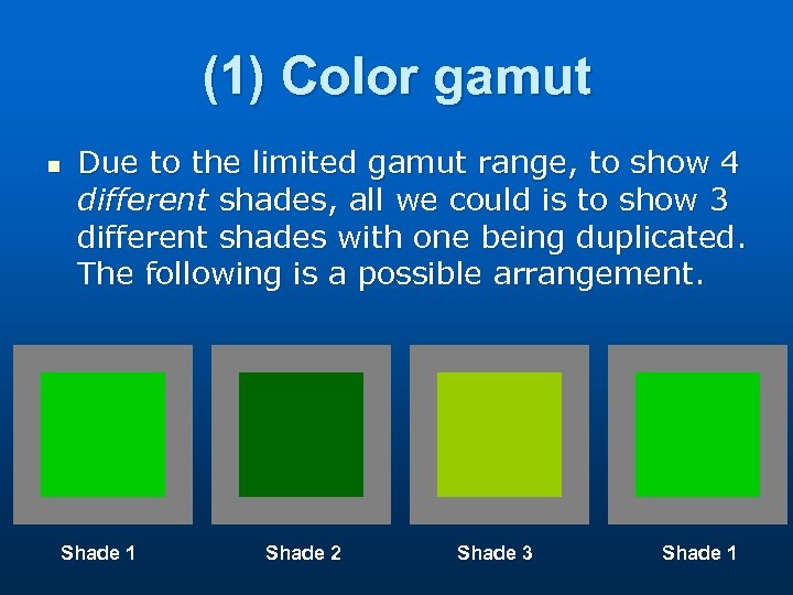 (1) Color gamut n Due to the limited gamut range, to show 4 different