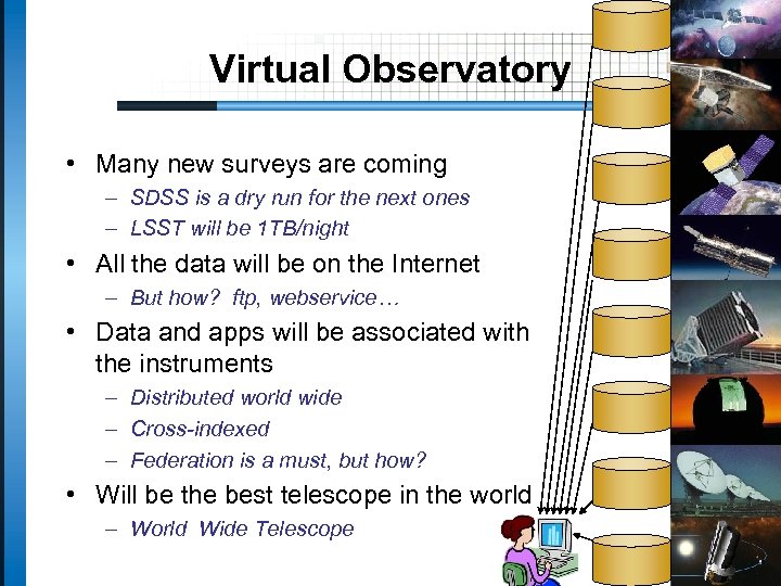 Virtual Observatory • Many new surveys are coming – SDSS is a dry run