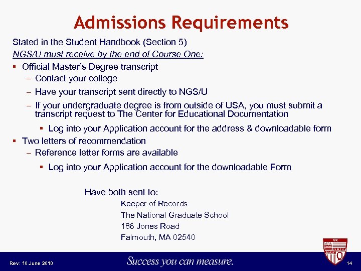 Admissions Requirements Stated in the Student Handbook (Section 5) NGS/U must receive by the