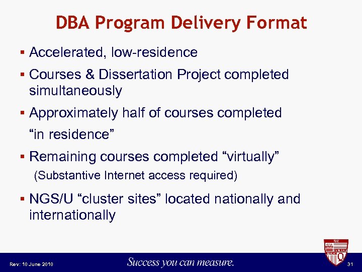 DBA Program Delivery Format § Accelerated, low-residence § Courses & Dissertation Project completed simultaneously