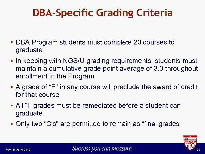 DBA-Specific Grading Criteria § DBA Program students must complete 20 courses to graduate §