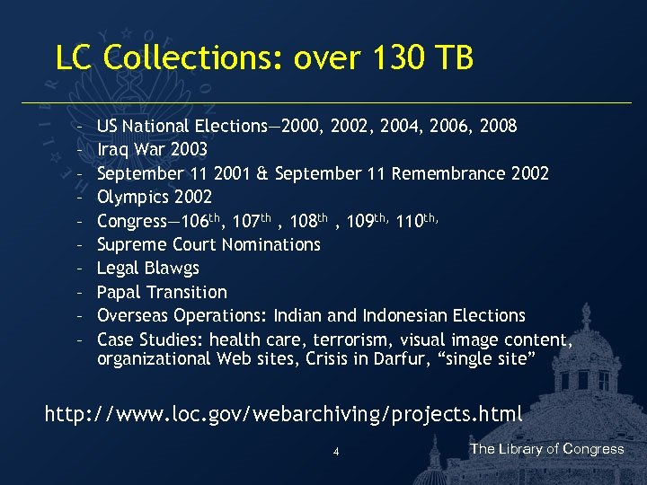 LC Collections: over 130 TB – – – – – US National Elections— 2000,