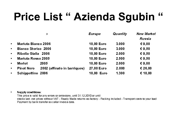 Price List “ Azienda Sgubin “ » Europe Quantity New Market Russia € 9,