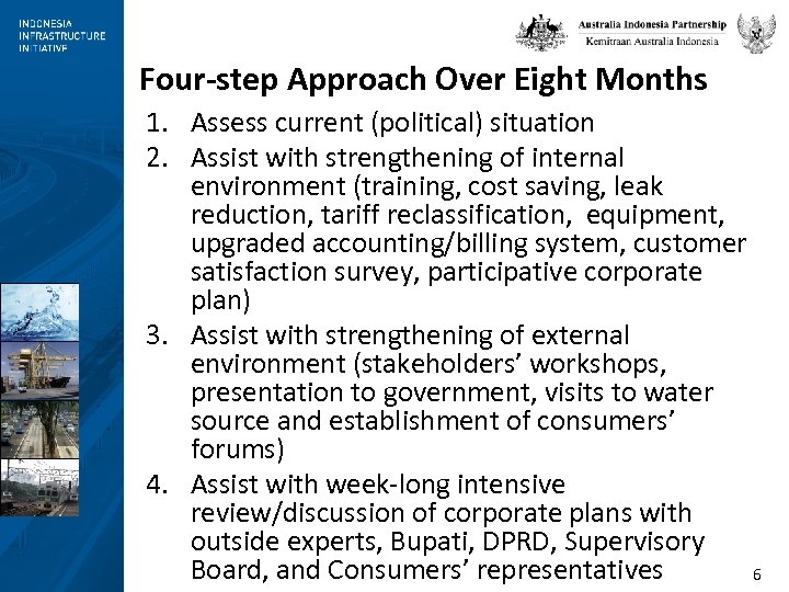 Four-step Approach Over Eight Months 1. Assess current (political) situation 2. Assist with strengthening