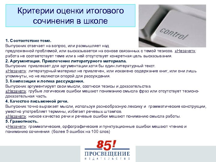 Критерии оценки итогового сочинения в школе 1. Соответствие теме. Выпускник отвечает на вопрос, или