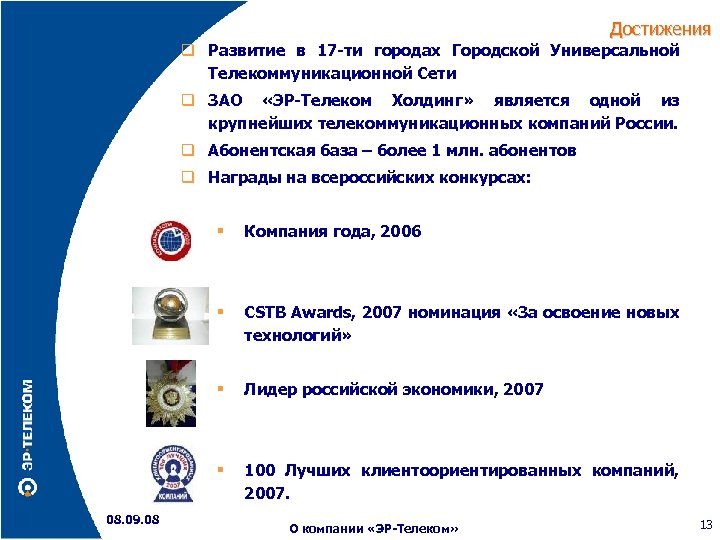 Достижения Развитие в 17 -ти городах Городской Универсальной Телекоммуникационной Сети ЗАО «ЭР-Телеком Холдинг» является
