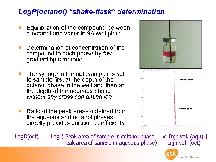 Log. P(octanol) “shake-flask” determination · Equilibration of the compound between n-octanol and water in