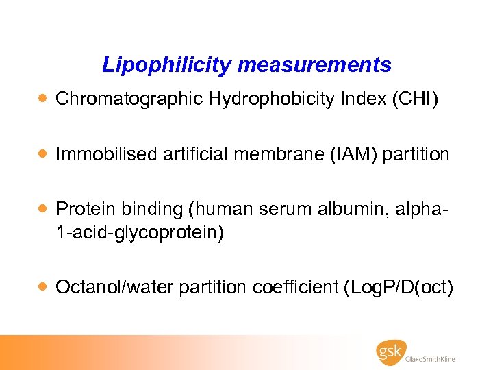 Lipophilicity measurements · Chromatographic Hydrophobicity Index (CHI) · Immobilised artificial membrane (IAM) partition ·