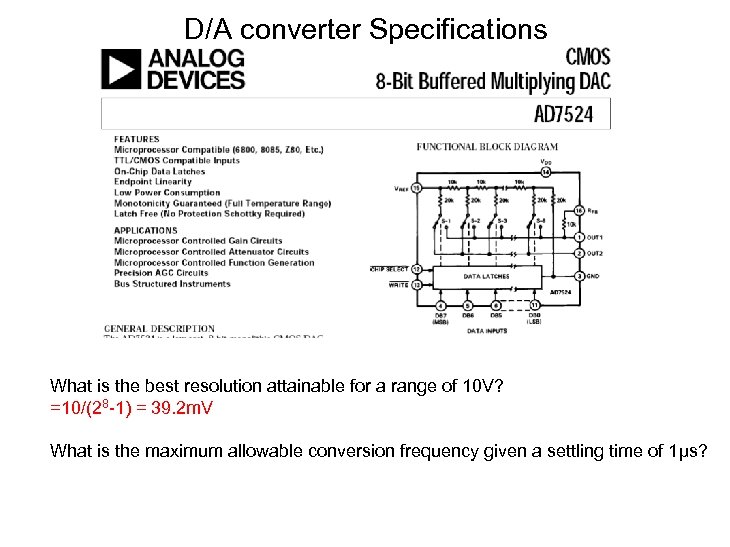 D/A converter Specifications What is the best resolution attainable for a range of 10