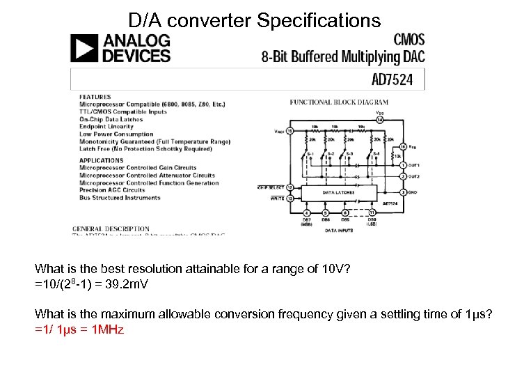 D/A converter Specifications What is the best resolution attainable for a range of 10