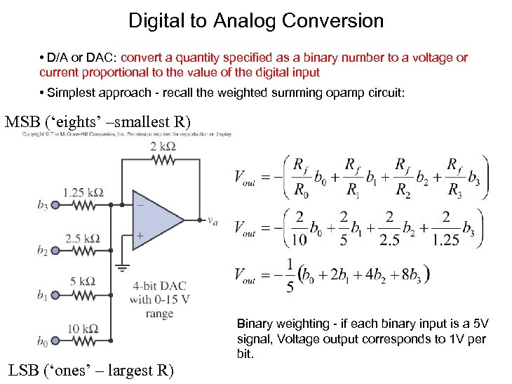 Digital to Analog Conversion • D/A or DAC: convert a quantity specified as a