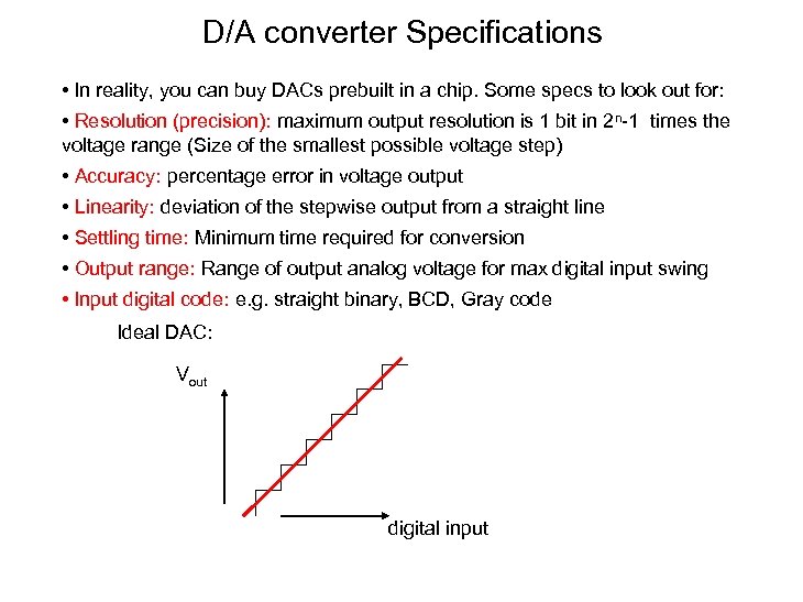 D/A converter Specifications • In reality, you can buy DACs prebuilt in a chip.