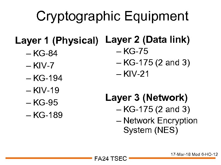 Cryptographic Equipment Layer 1 (Physical) Layer 2 (Data link) – KG-84 – KIV-7 –