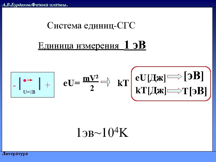 А. В. Бурдаков. Физика плазмы. Система единиц-СГС Единица измерения - U=1 В + m.