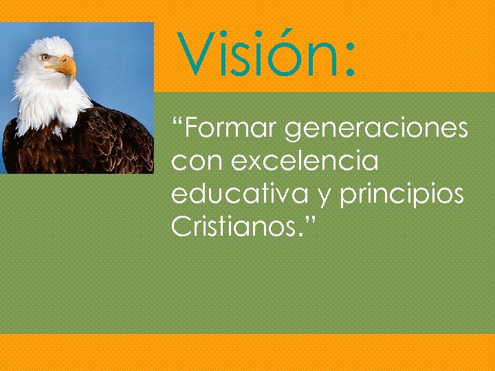 Visión: “Formar generaciones con excelencia educativa y principios Cristianos. ” 