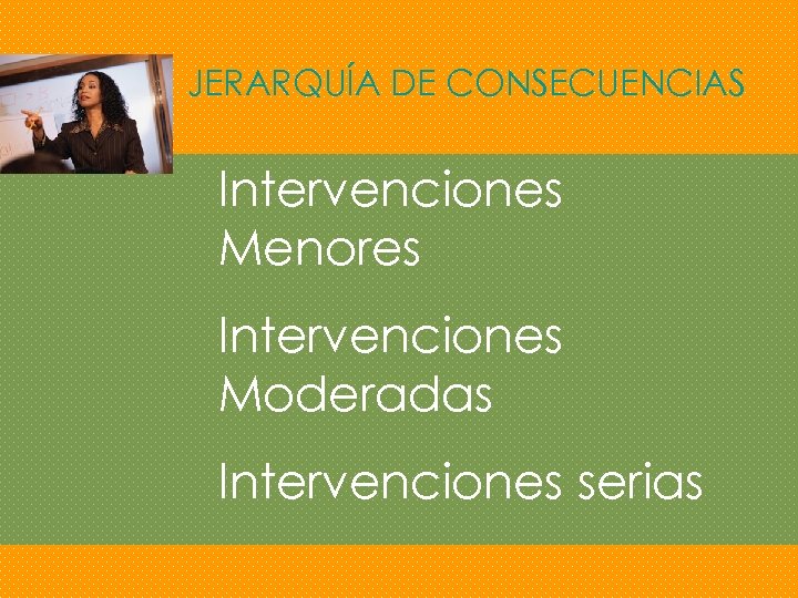 JERARQUÍA DE CONSECUENCIAS Intervenciones Menores Intervenciones Moderadas Intervenciones serias 
