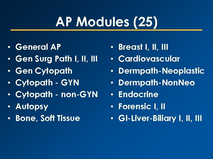 AP Modules (25) • • General AP Gen Surg Path I, III Gen Cytopath