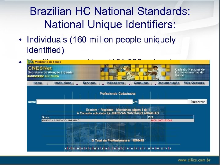 Brazilian HC National Standards: National Unique Identifiers: • Individuals (160 million people uniquely identified)