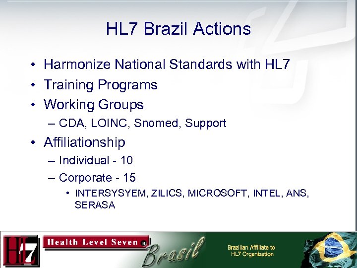 HL 7 Brazil Actions • Harmonize National Standards with HL 7 • Training Programs