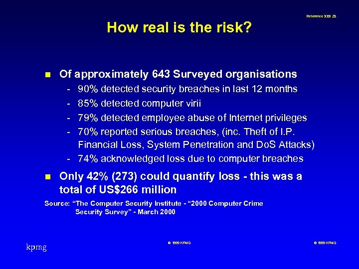 Reference XXX 28 How real is the risk? n Of approximately 643 Surveyed organisations