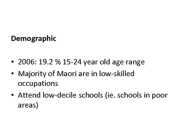 Demographic • 2006: 19. 2 % 15 -24 year old age range • Majority