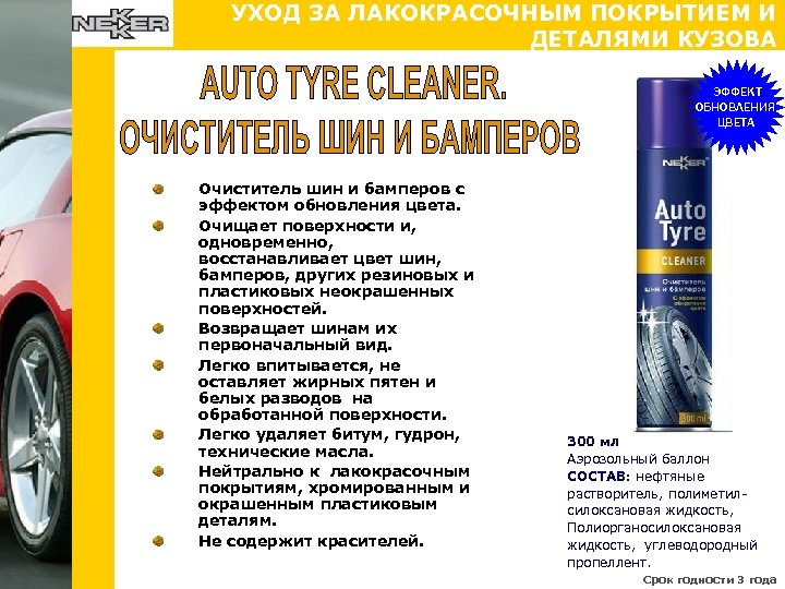 УХОД ЗА ЛАКОКРАСОЧНЫМ ПОКРЫТИЕМ И ДЕТАЛЯМИ КУЗОВА ЭФФЕКТ ОБНОВЛЕНИЯ ЦВЕТА Очиститель шин и бамперов