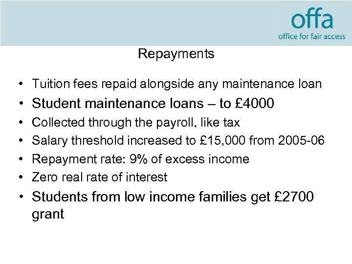 Repayments • Tuition fees repaid alongside any maintenance loan • Student maintenance loans –