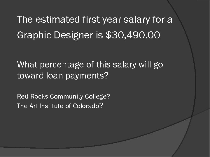 The estimated first year salary for a Graphic Designer is $30, 490. 00 What