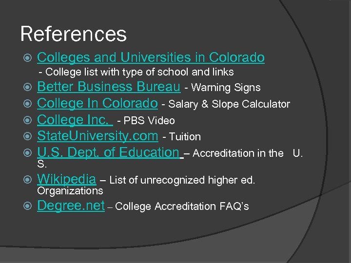 References Colleges and Universities in Colorado - College list with type of school and