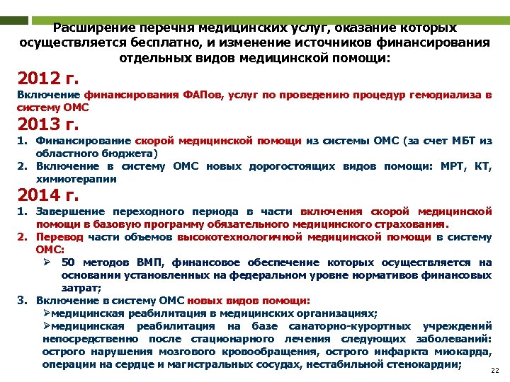 Расширение перечня медицинских услуг, оказание которых осуществляется бесплатно, и изменение источников финансирования отдельных видов