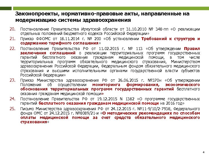 Законопроекты, нормативно-правовые акты, направленные на модернизацию системы здравоохранения 20. 21. 22. 23. 24. 25.